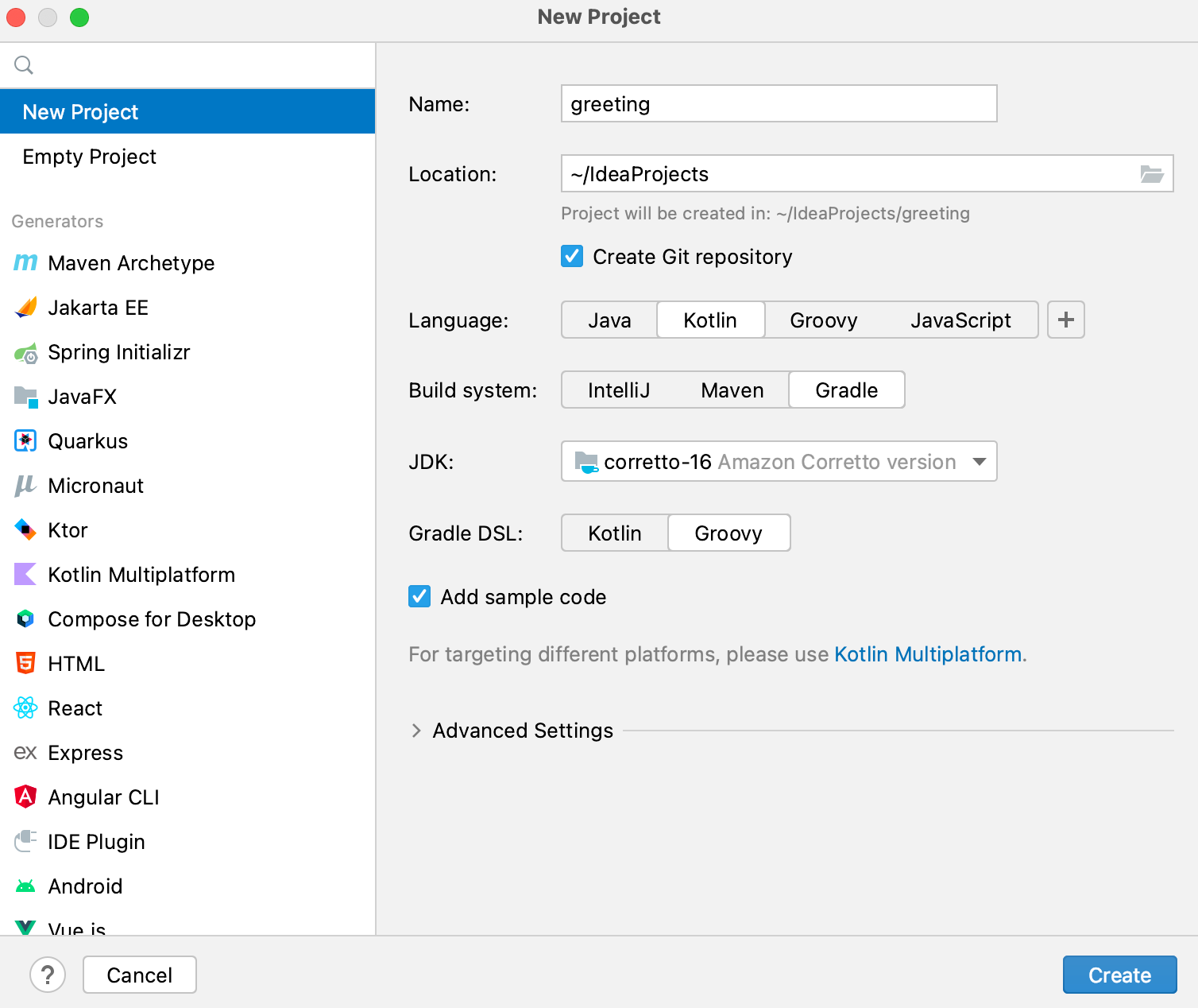 New Kotlin project with the Gradle build system with Groovy DSL