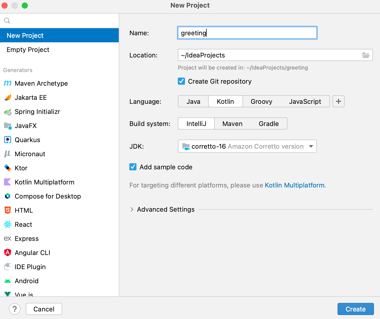 New Kotlin project with the IntelliJ build system