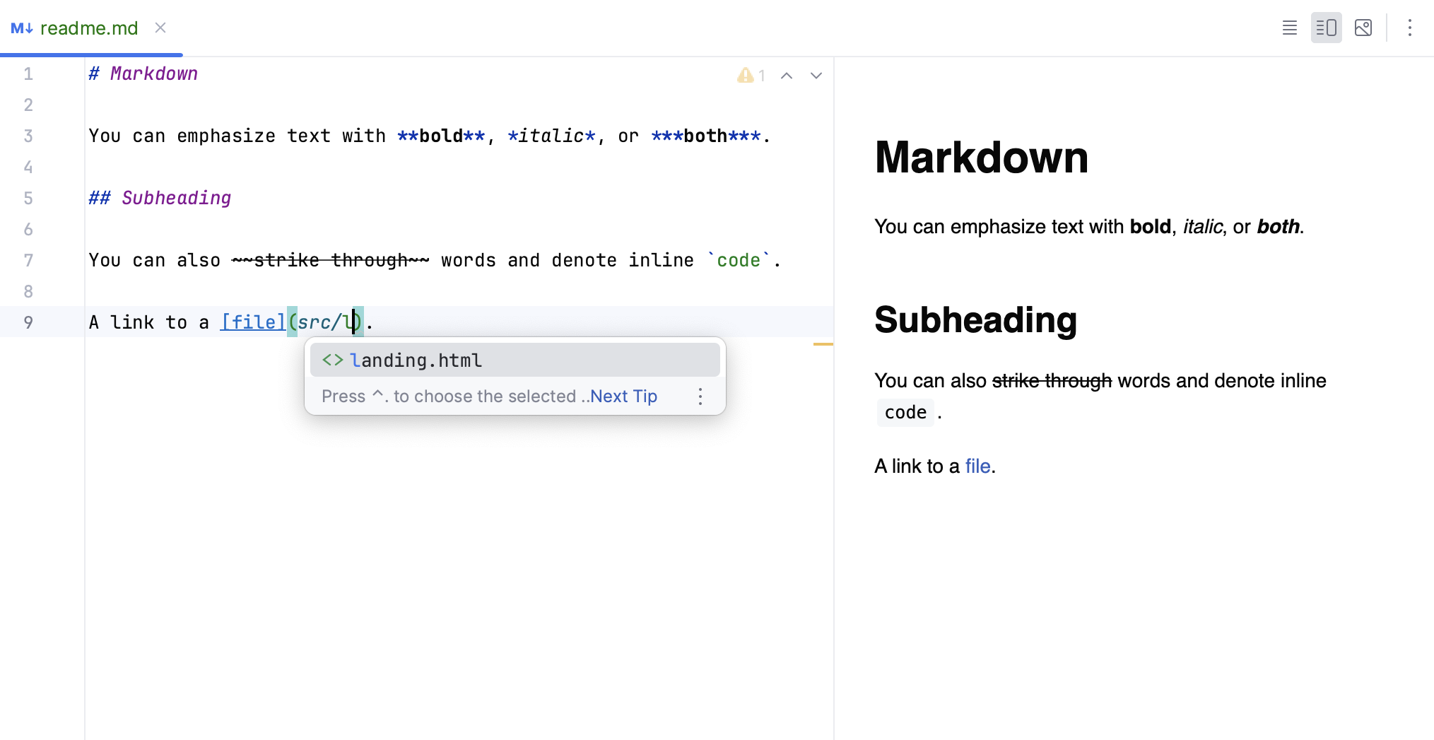 Markdown editor completion popup