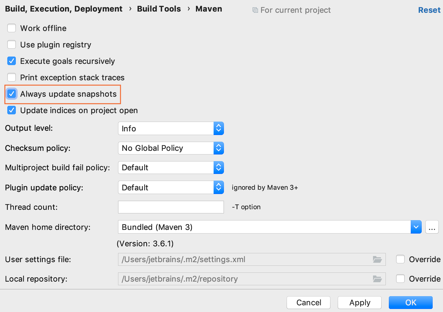 the Maven settings