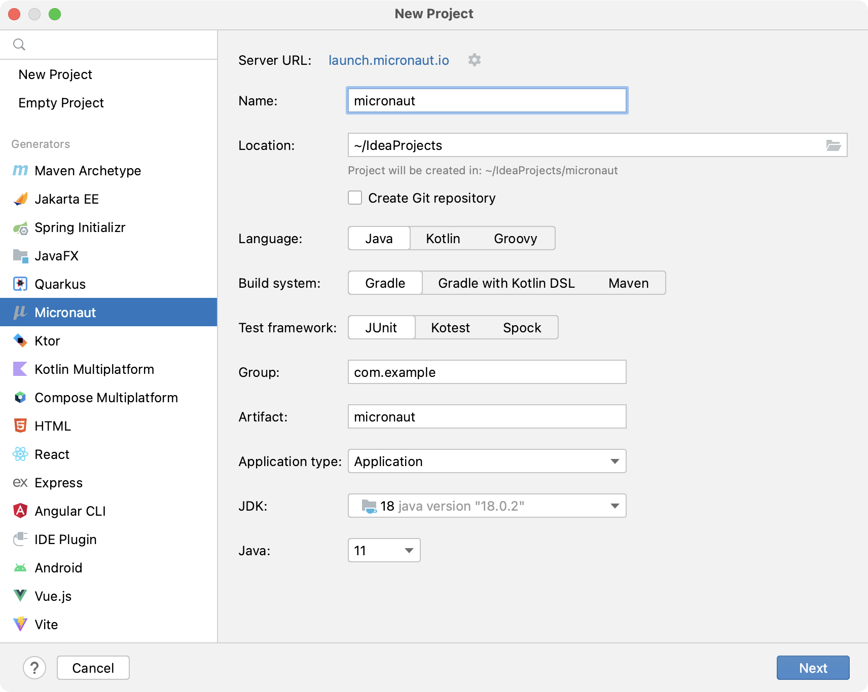 New Micronaut project wizard