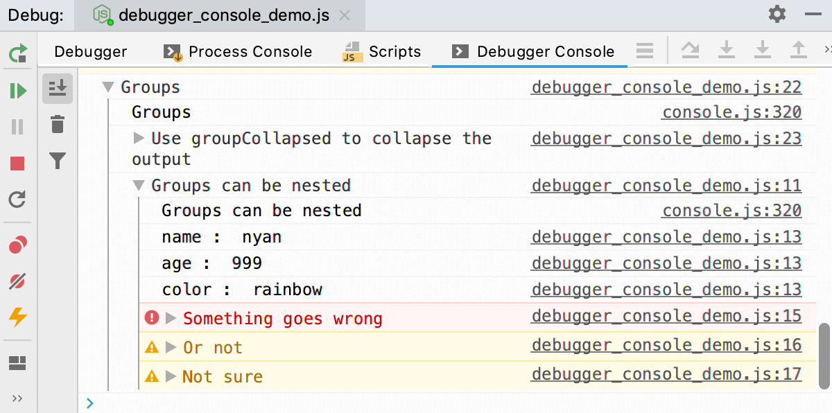 Node.js interactive debugger console: log messages grouped