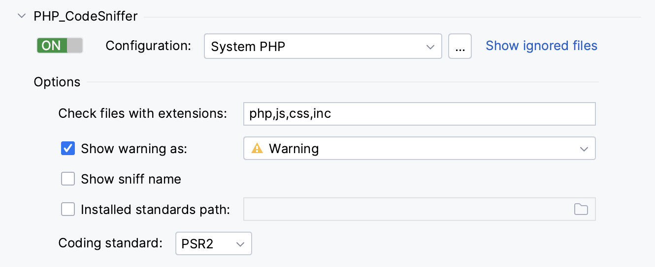 PHP_CodeSniffer settings