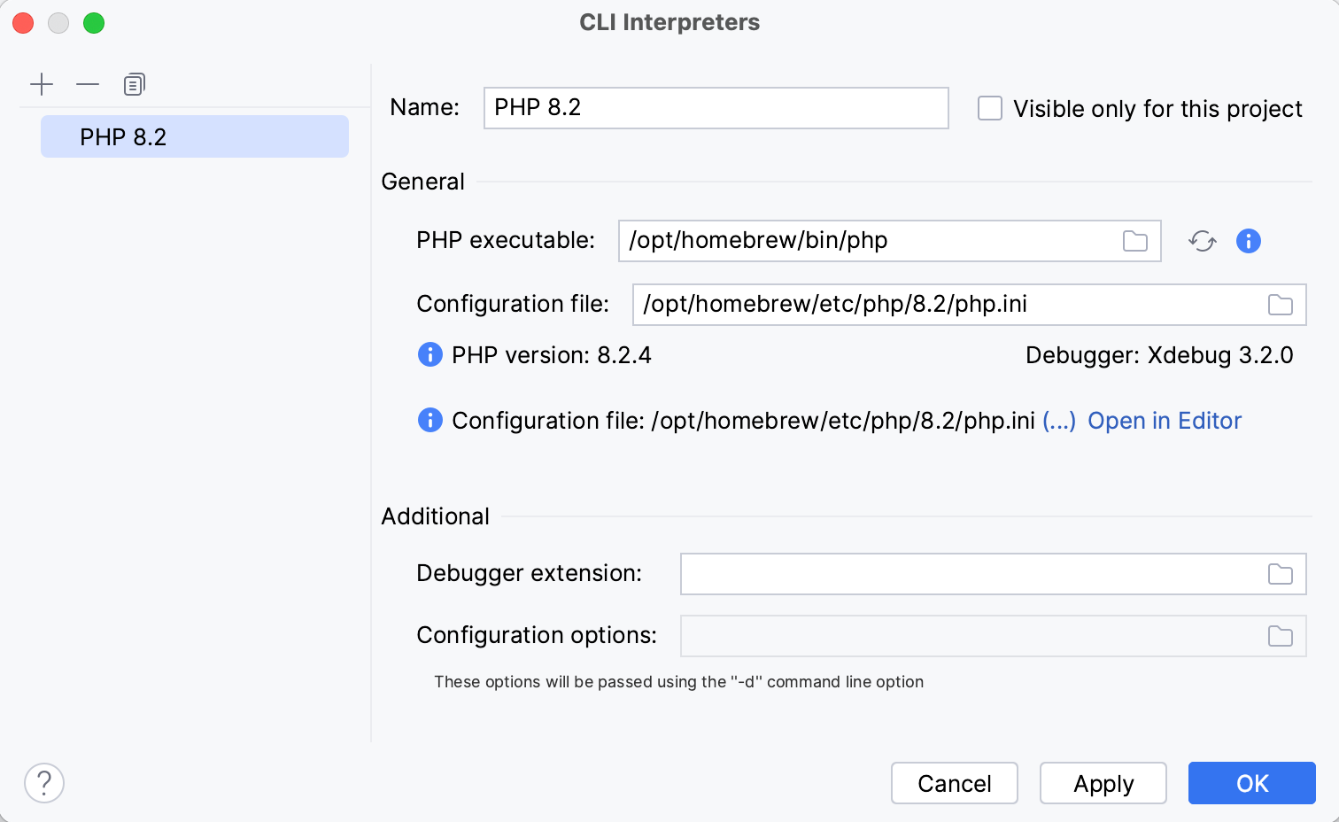 PHP interpreter's settings