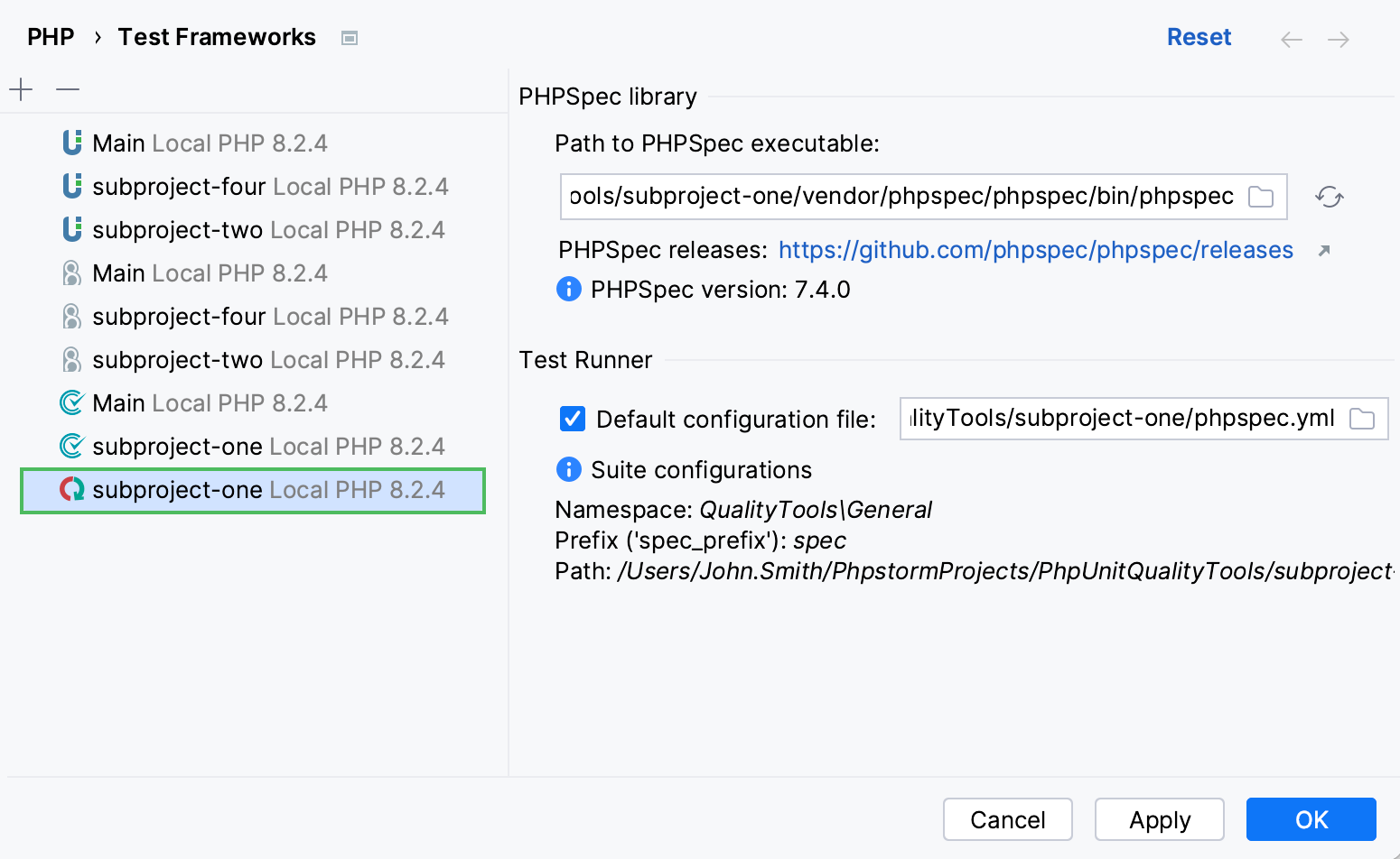 PHPSpec configurations
