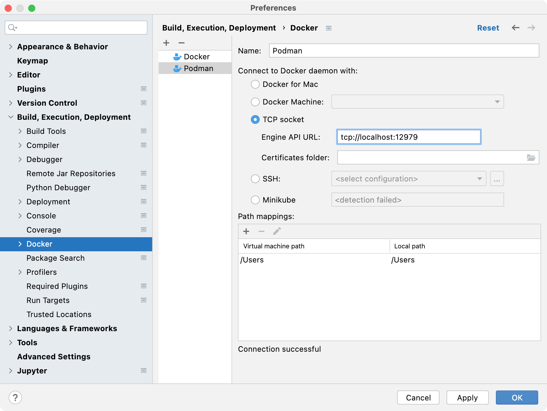 Docker connection for Podman API service