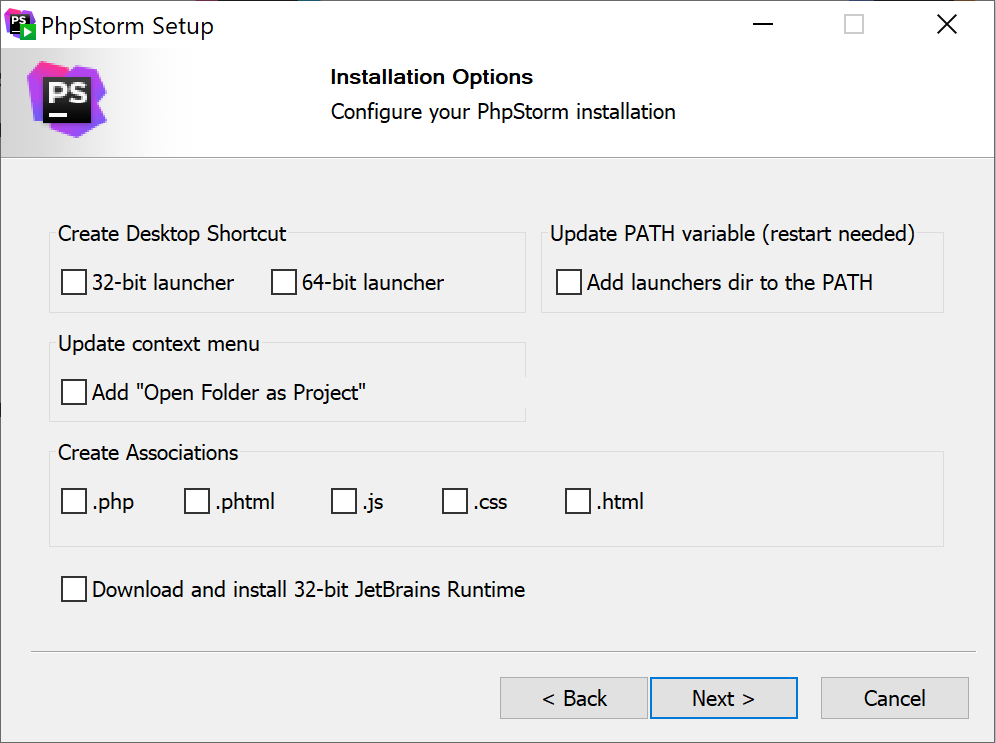 The Installation Options step of the installation wizard