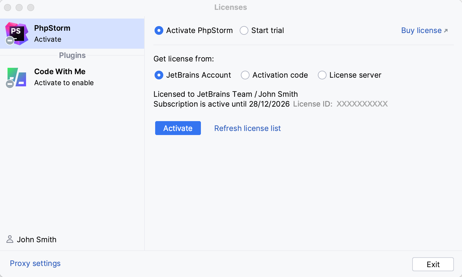 Activate PhpStorm license with a JetBrains Account