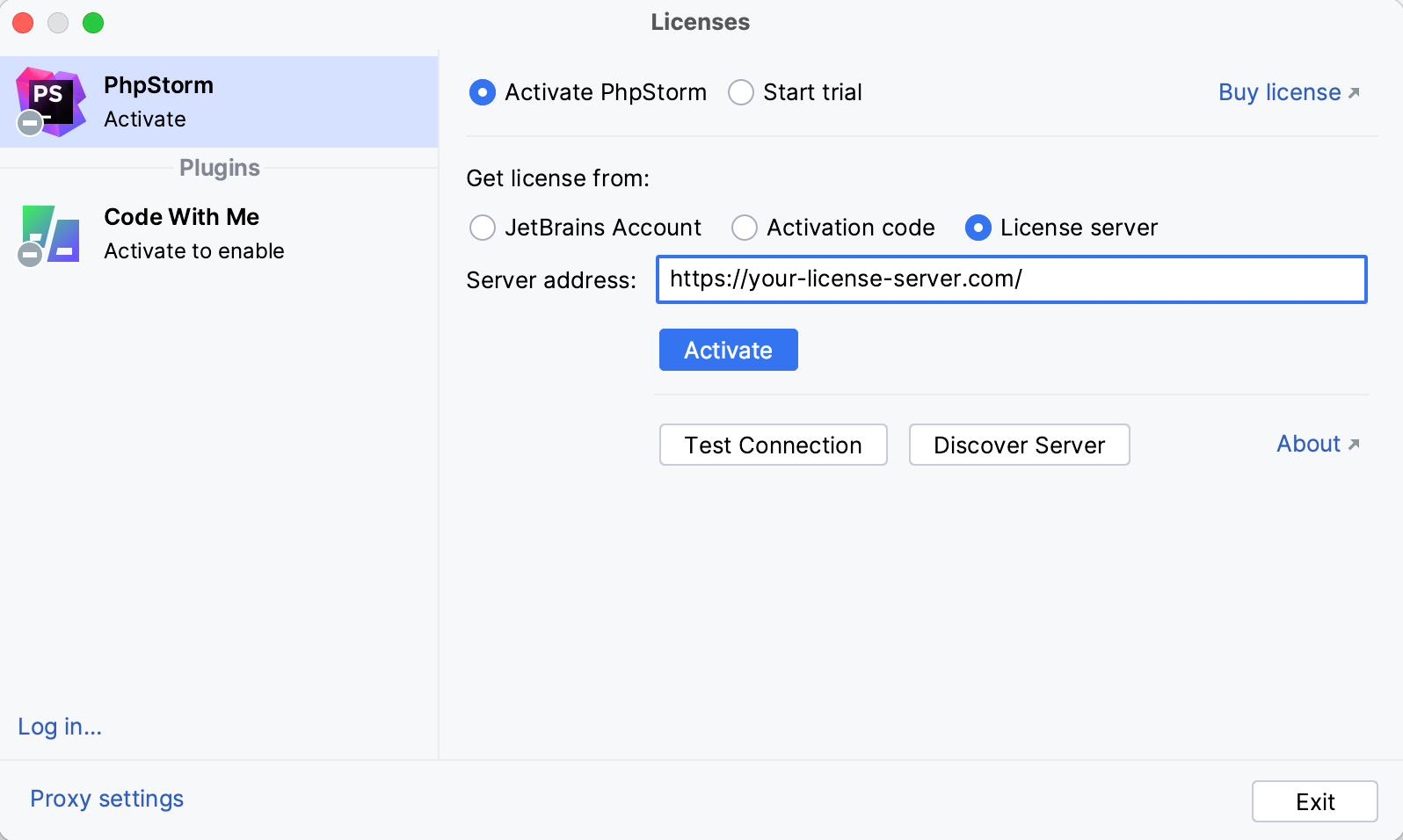 Activate PhpStorm license with a license server
