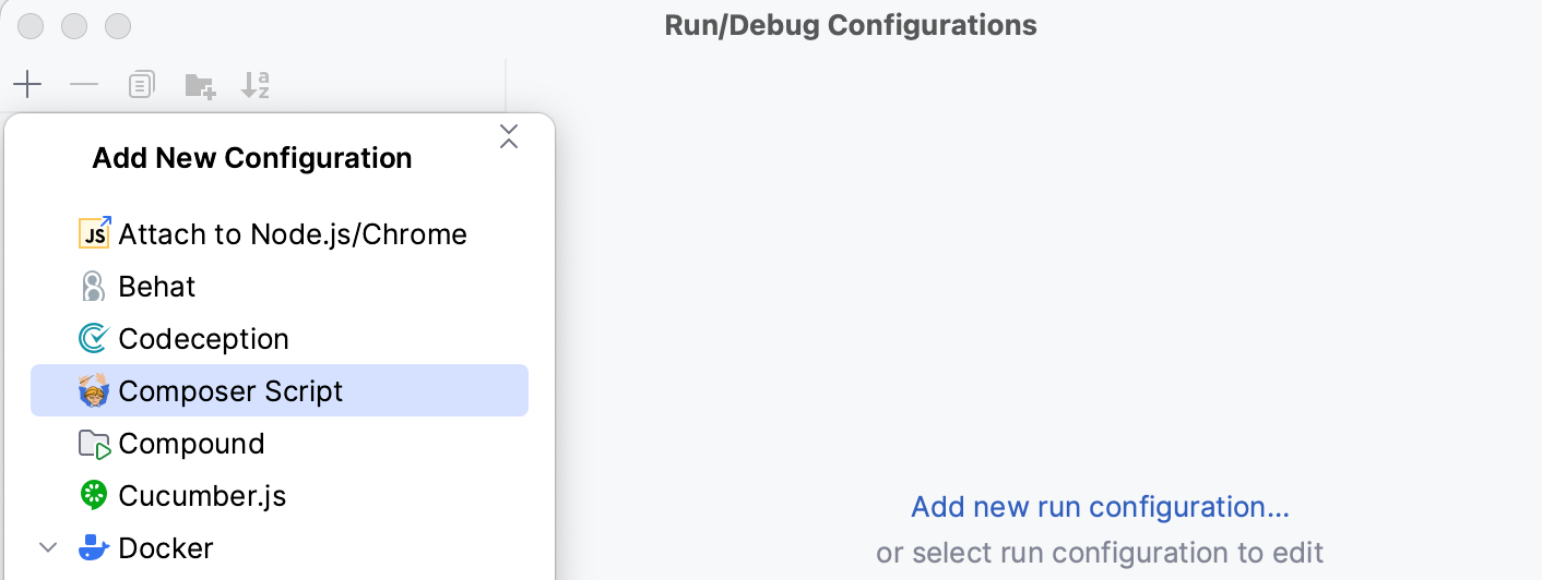 Add new Composer Script run configuration