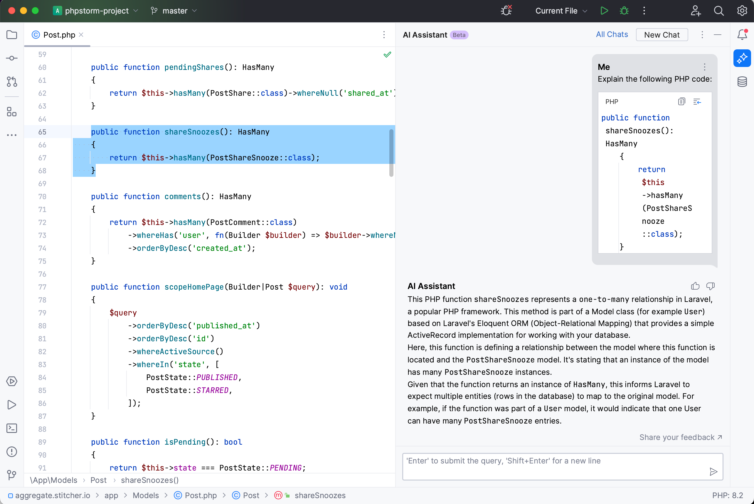 PhpStorm AI Assistant explains code