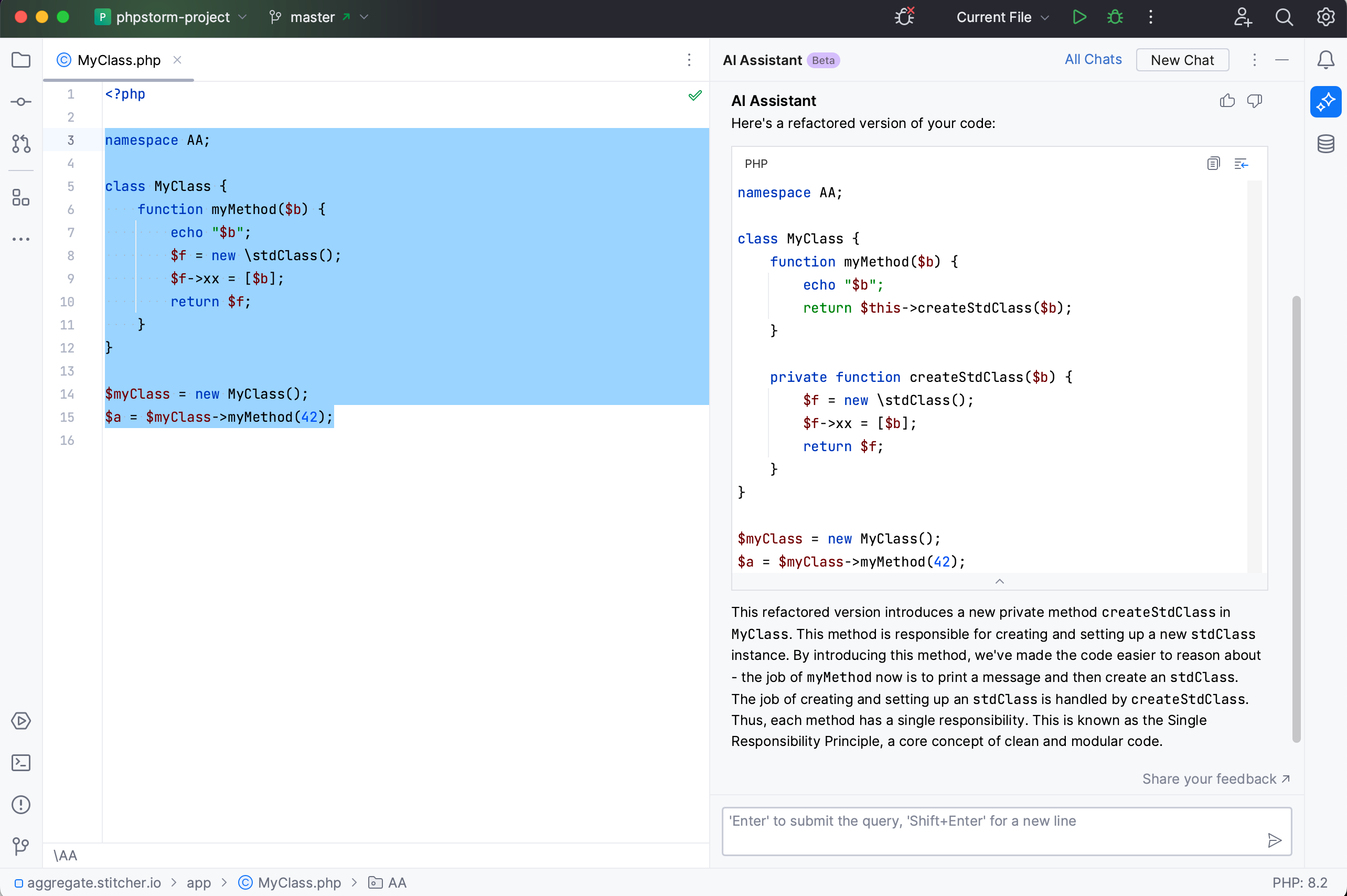 PhpStorm: AI Assistant suggests refactoring