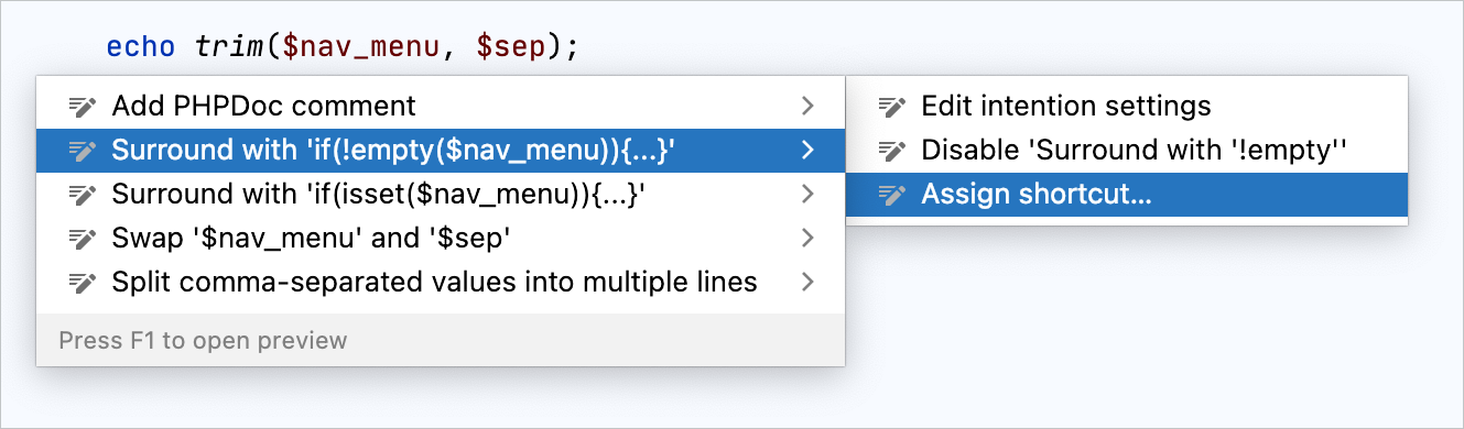 Assigning keyboard shortcut to intention action