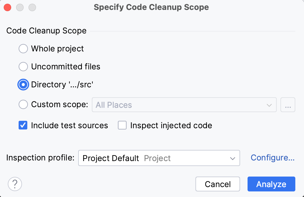 the Specify Code Cleanup Scope dialog