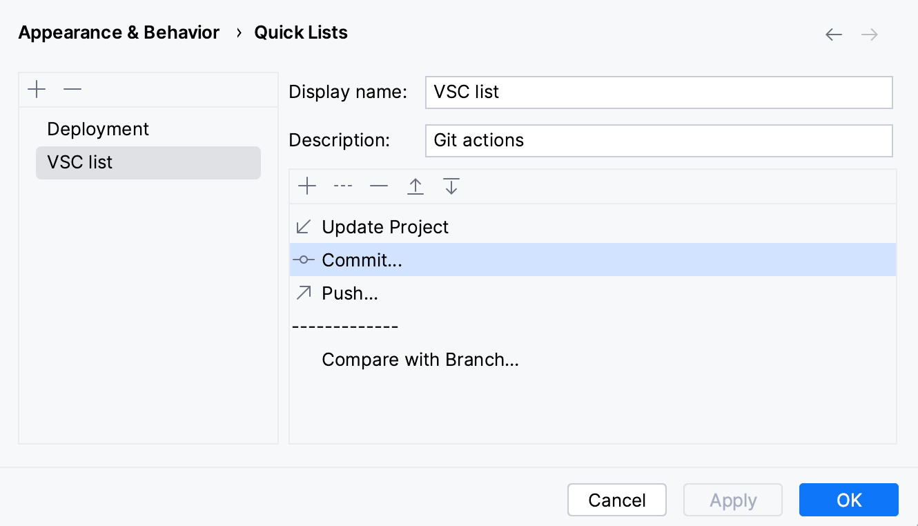 the Quick lists settings