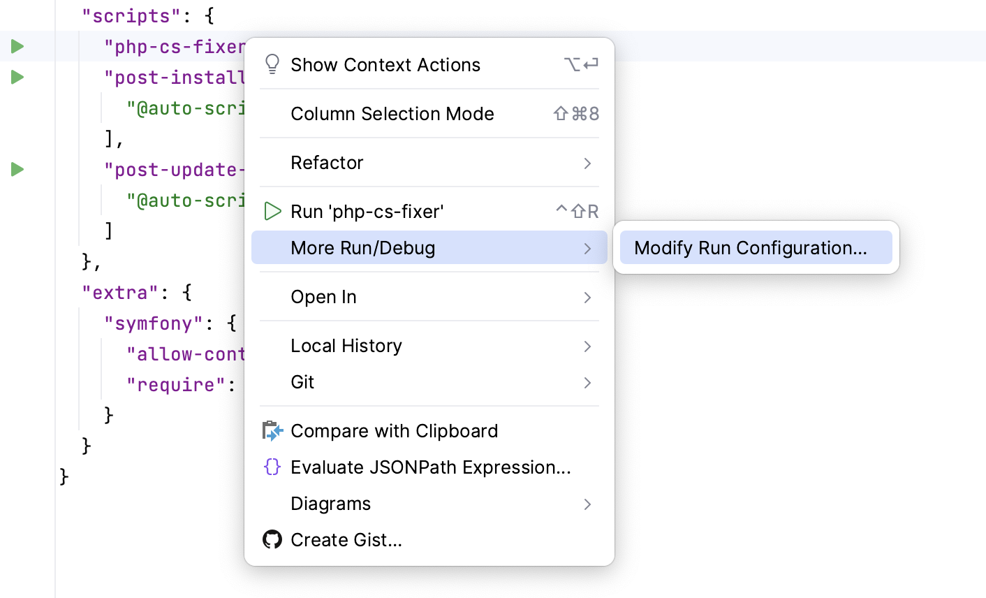 Create a run configuration from the editor