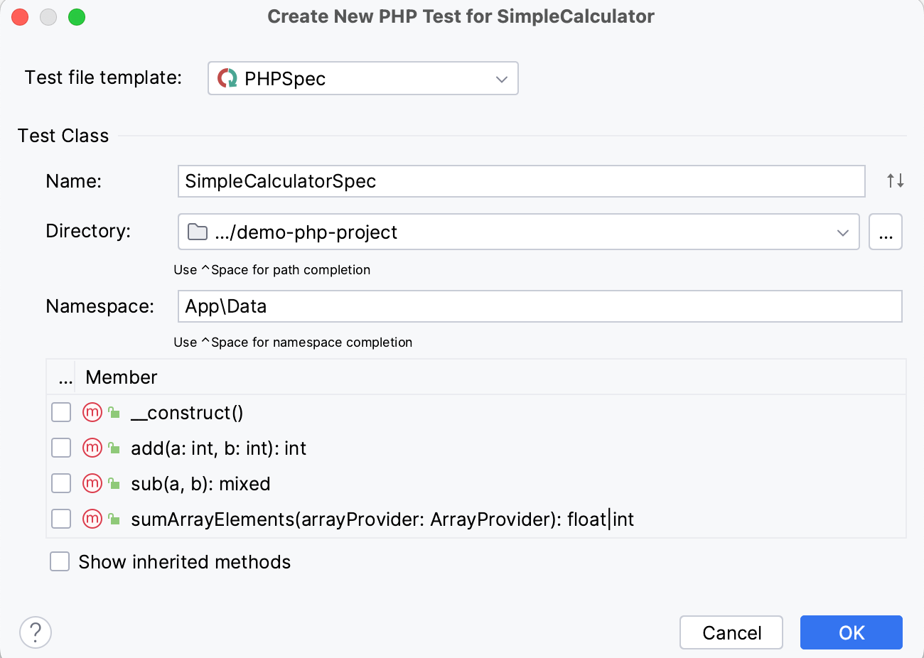the Create new phpspec test dialog