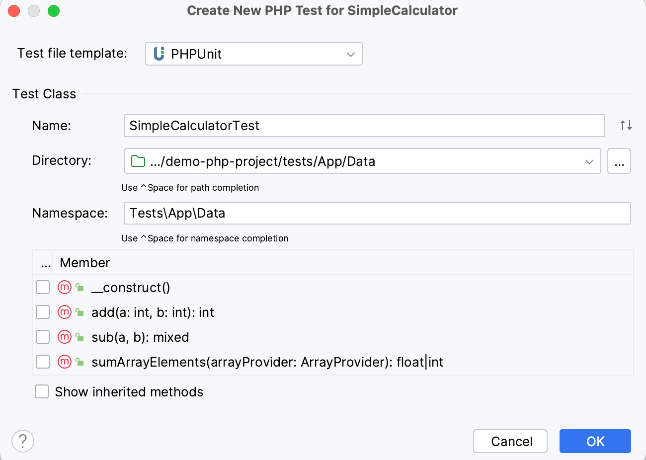 create new php test phpunit dialog