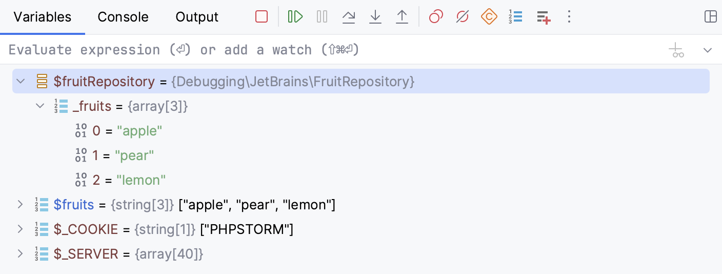 The Variables tab shows you the variables visible from the current execution point