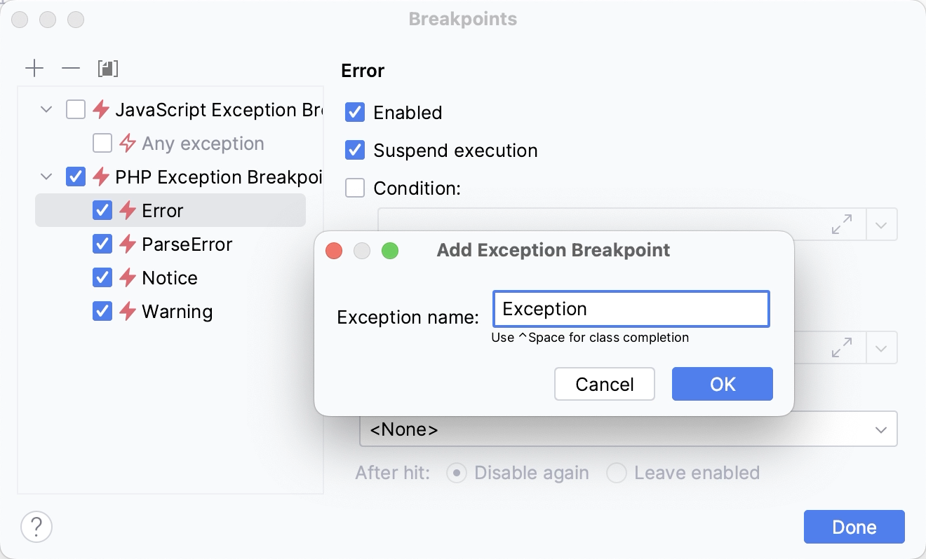 Creating an exception breakpoint