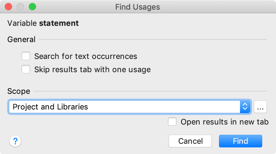 Find Usages dialog (Change Scope)