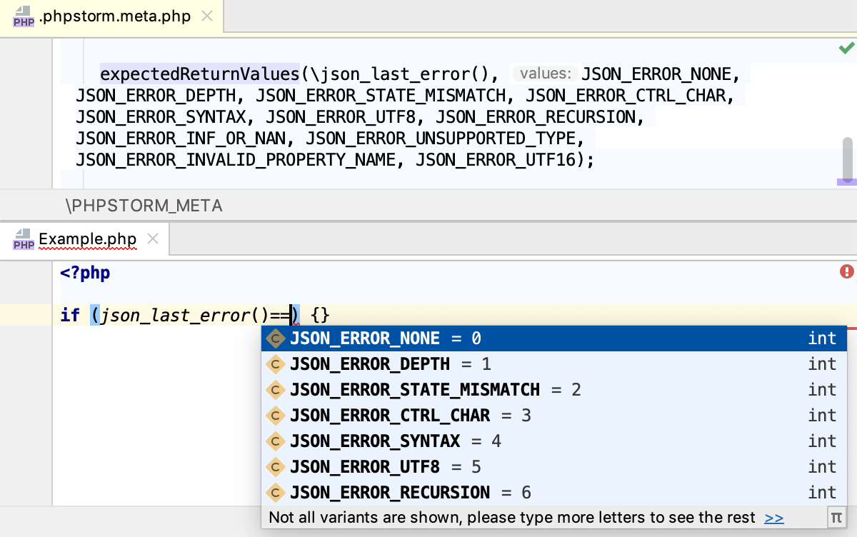 Meta content and code completion for json_last_error