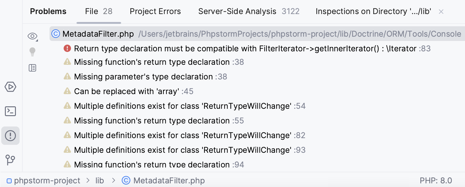 PhpStorm: Problems tool window. Current File tab