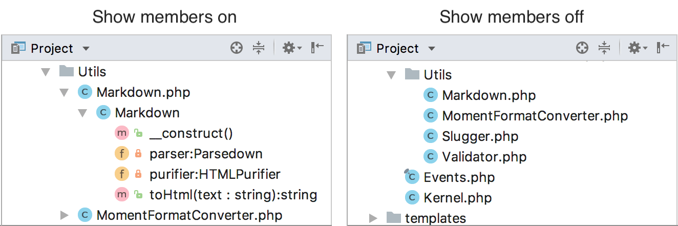 Show class members in the Project tool window