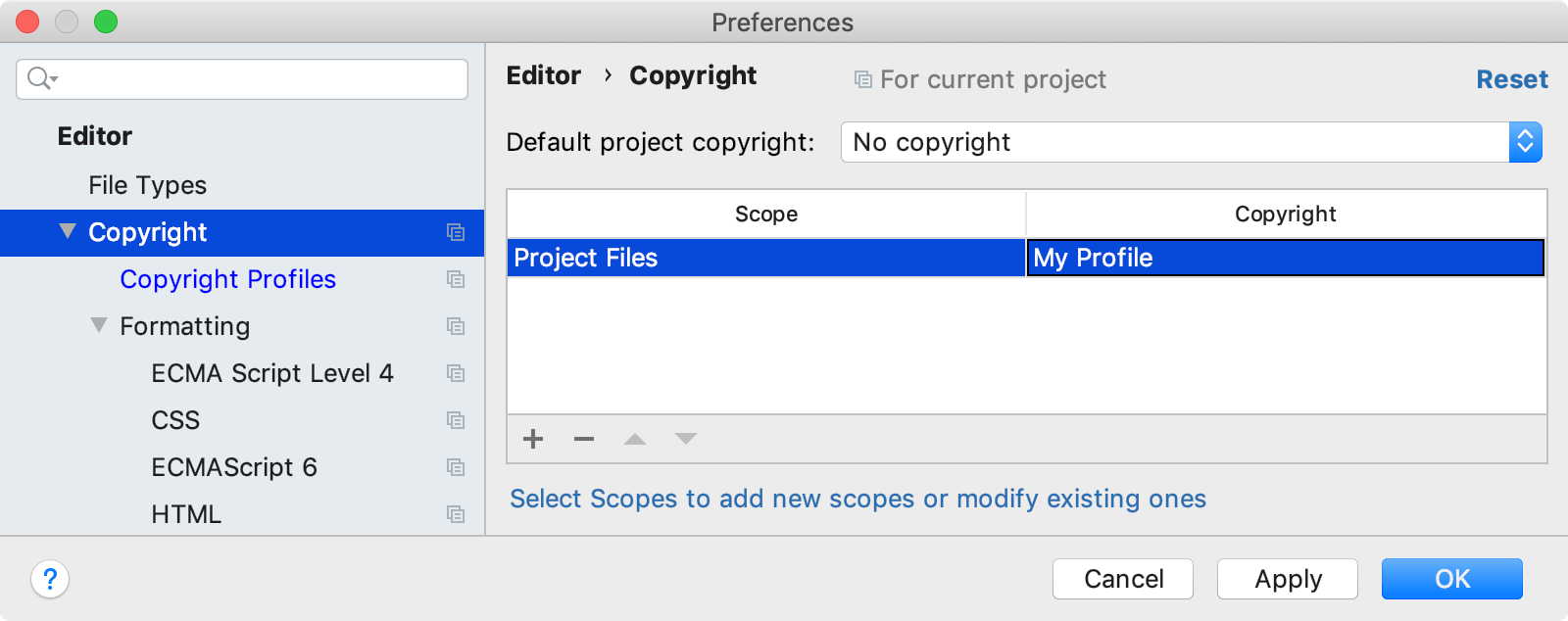 Associating a profile with a scope