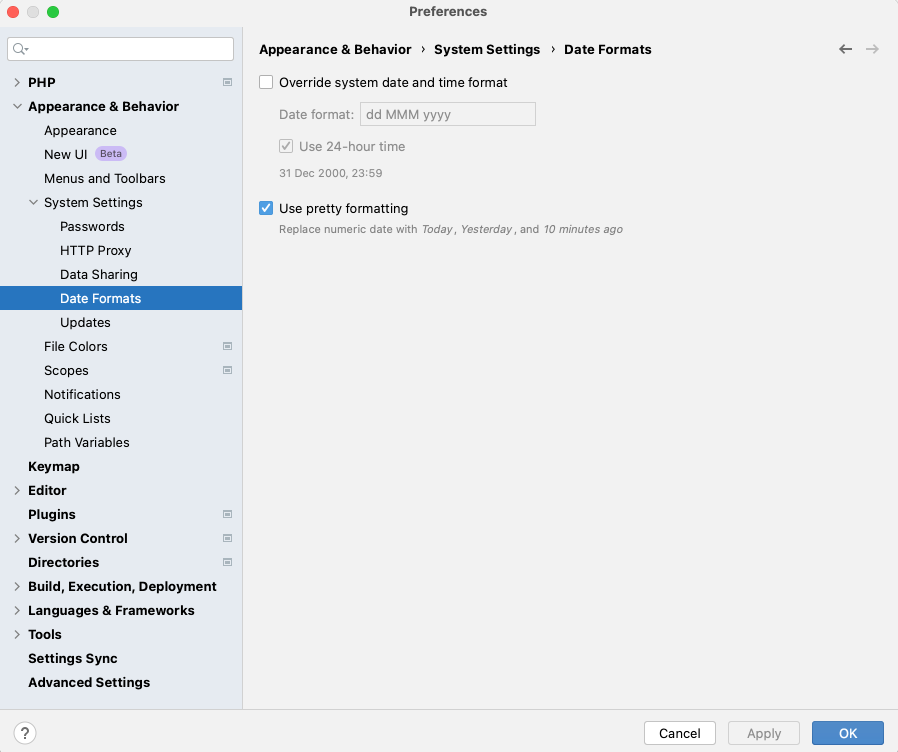 The Date Formats settings page