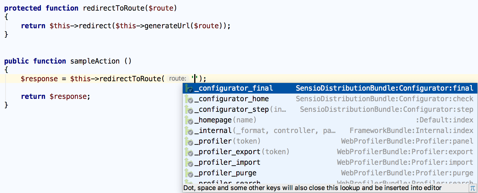 Symfony route name completion in a helper function