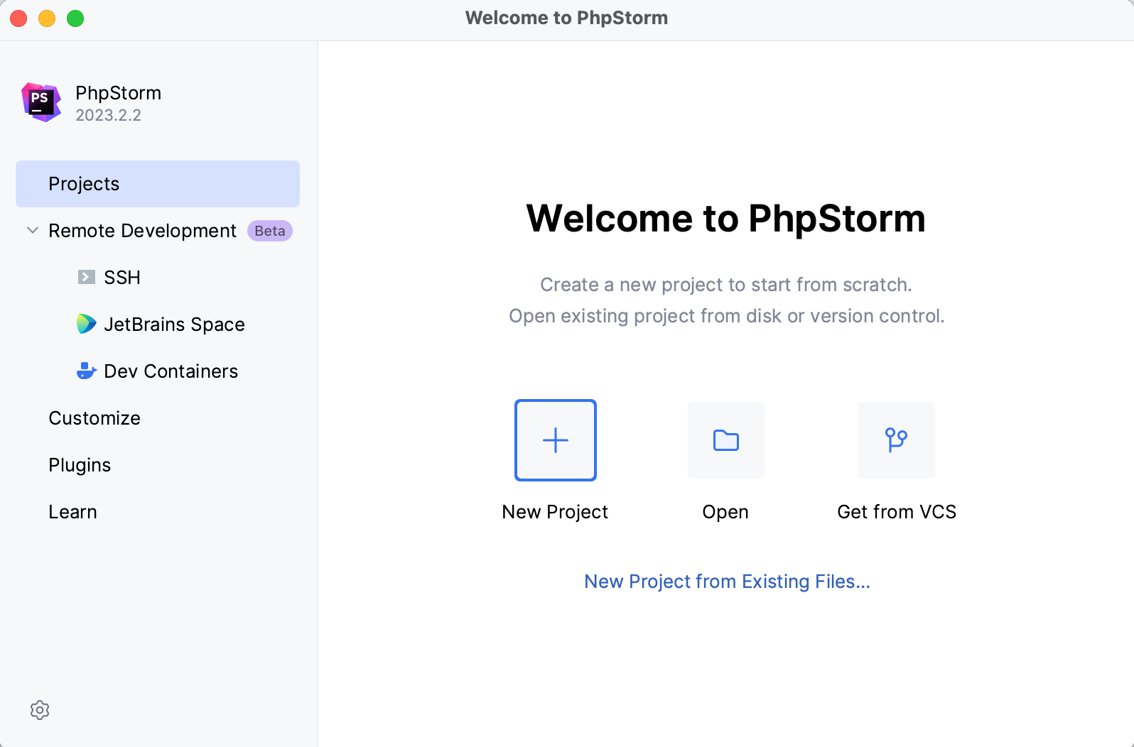 PhpStorm welcome screen