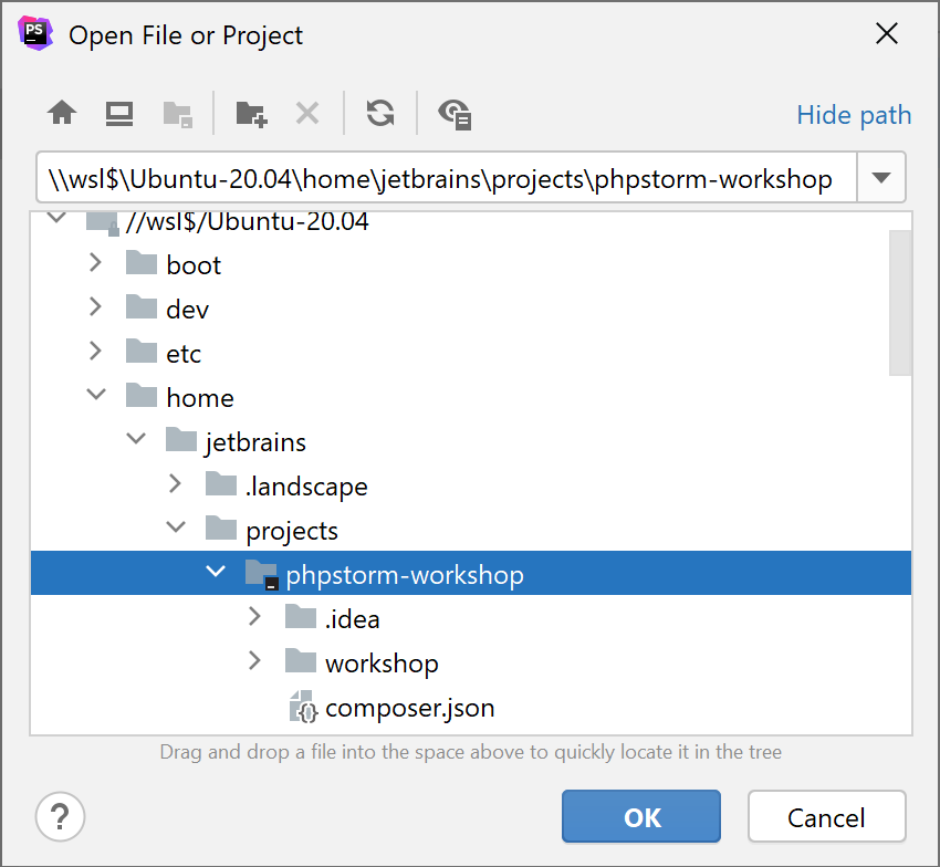 Opening a project stored in the WSL file system