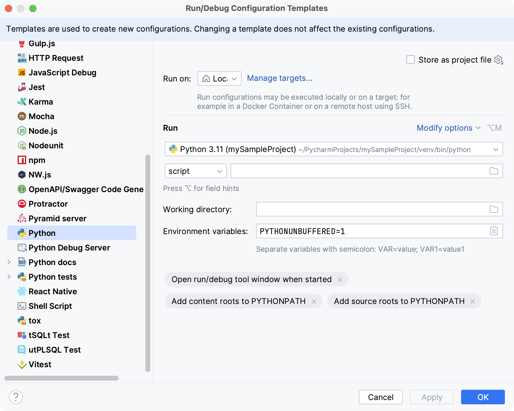 Run/Debug templates