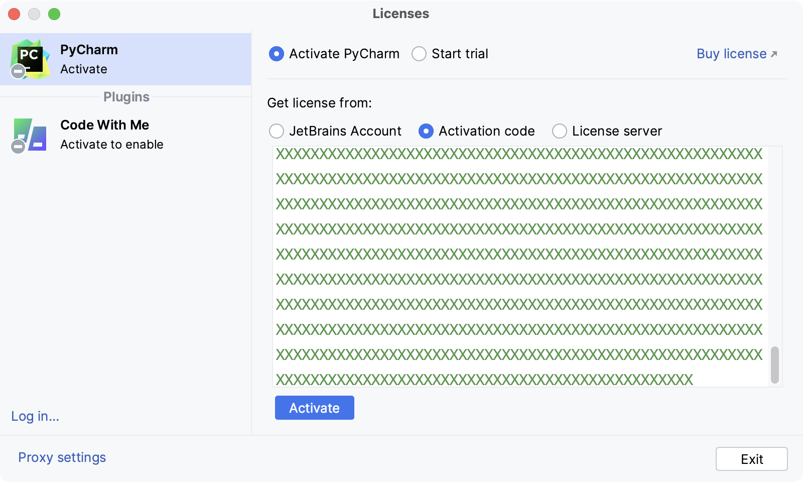 Activate PyCharm license with an activation code
