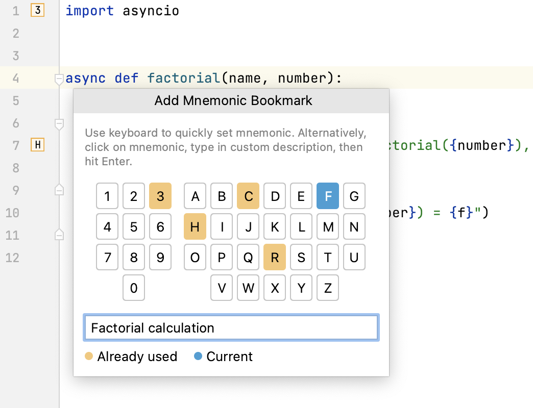 Adding a mnemonic bookmark: select an identifier