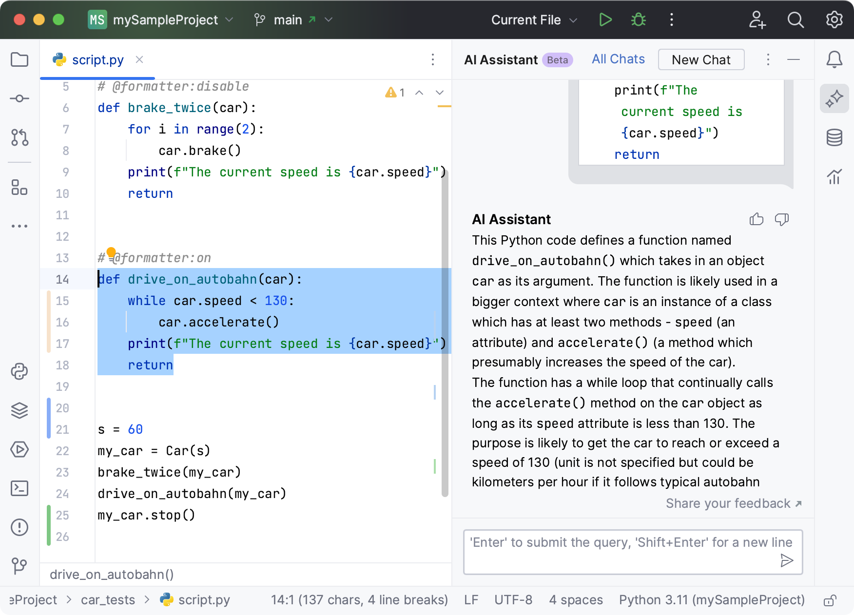 PyCharm AI Assistant explains code