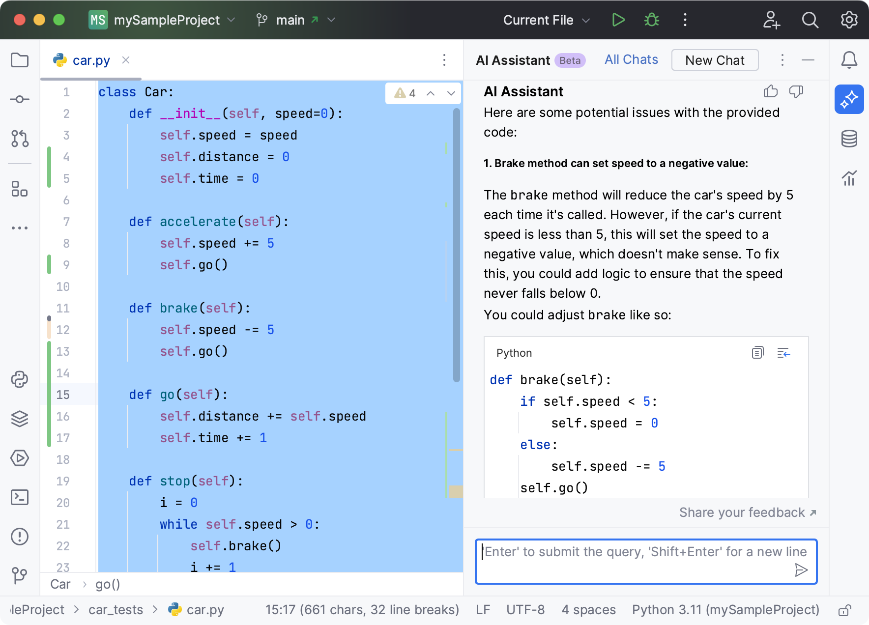 PyCharm: AI Assistant finds potential problems in the selected code