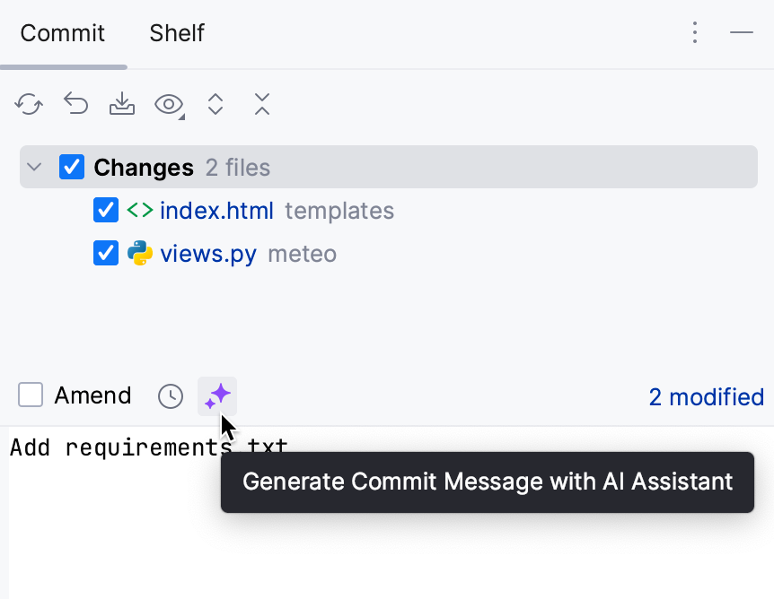 PyCharm: AI Assistant generates commit messages