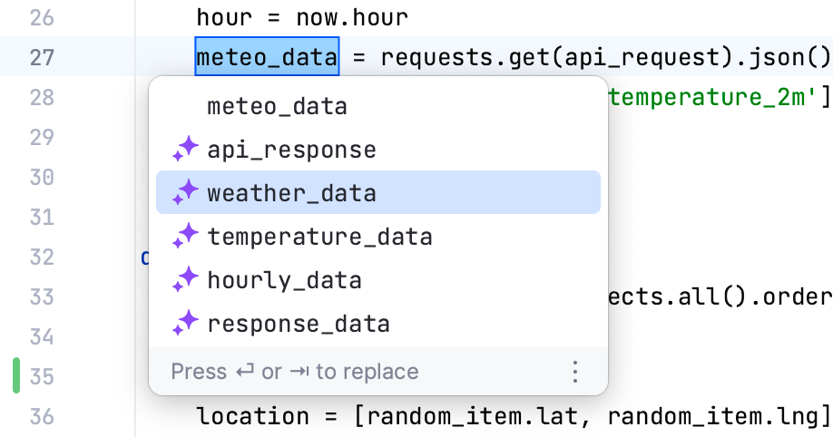 PyCharm: AI Assistant suggests new names
