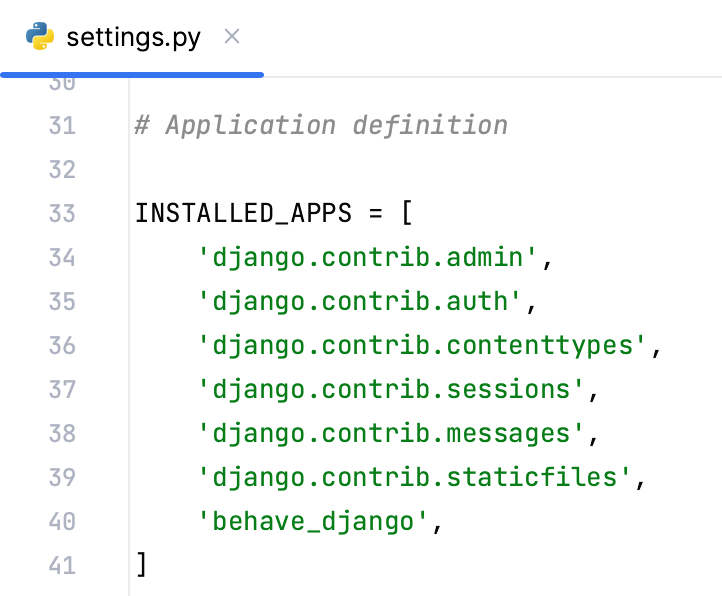 enabling behave-django integration in the settings.py file