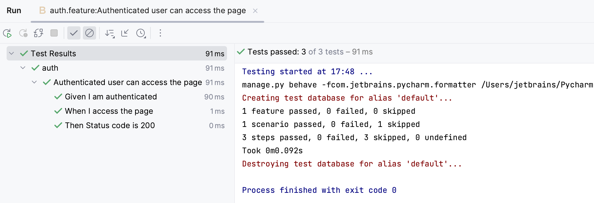 Test running for a behave configuration