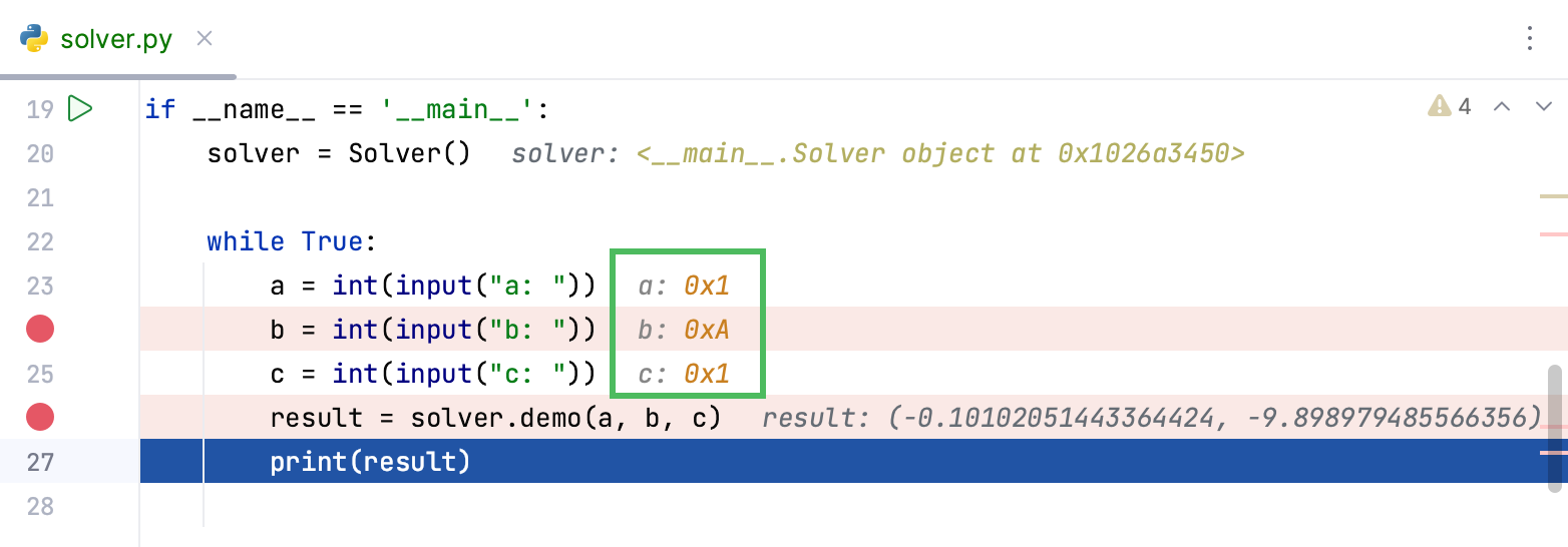 Hexadecimal representation of the debugged variables