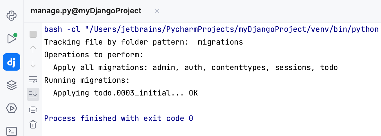 The 'migrate' command output in console