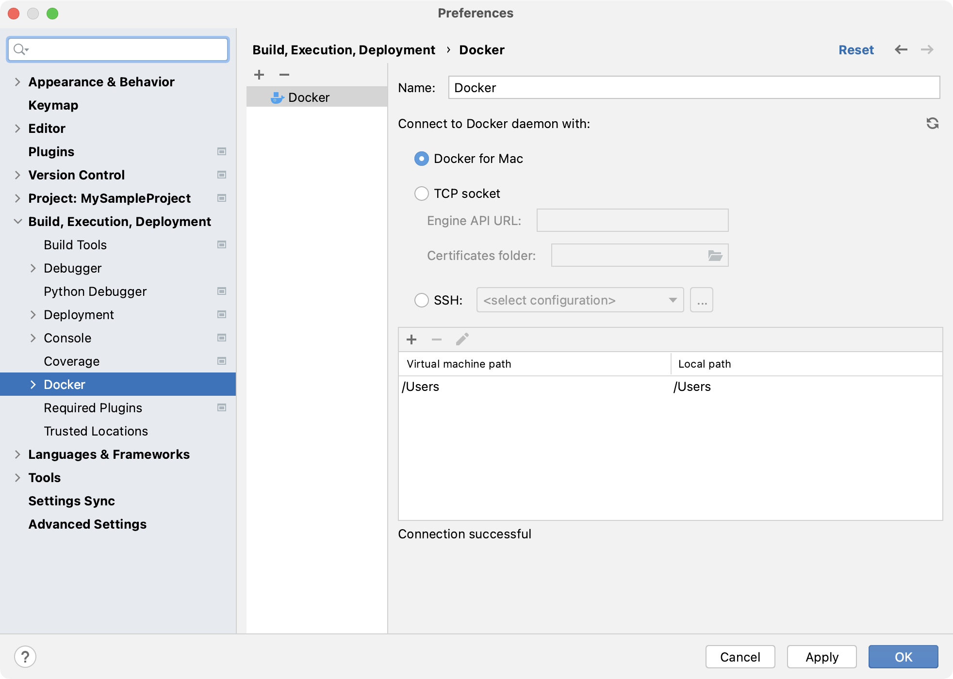 Docker connection settings