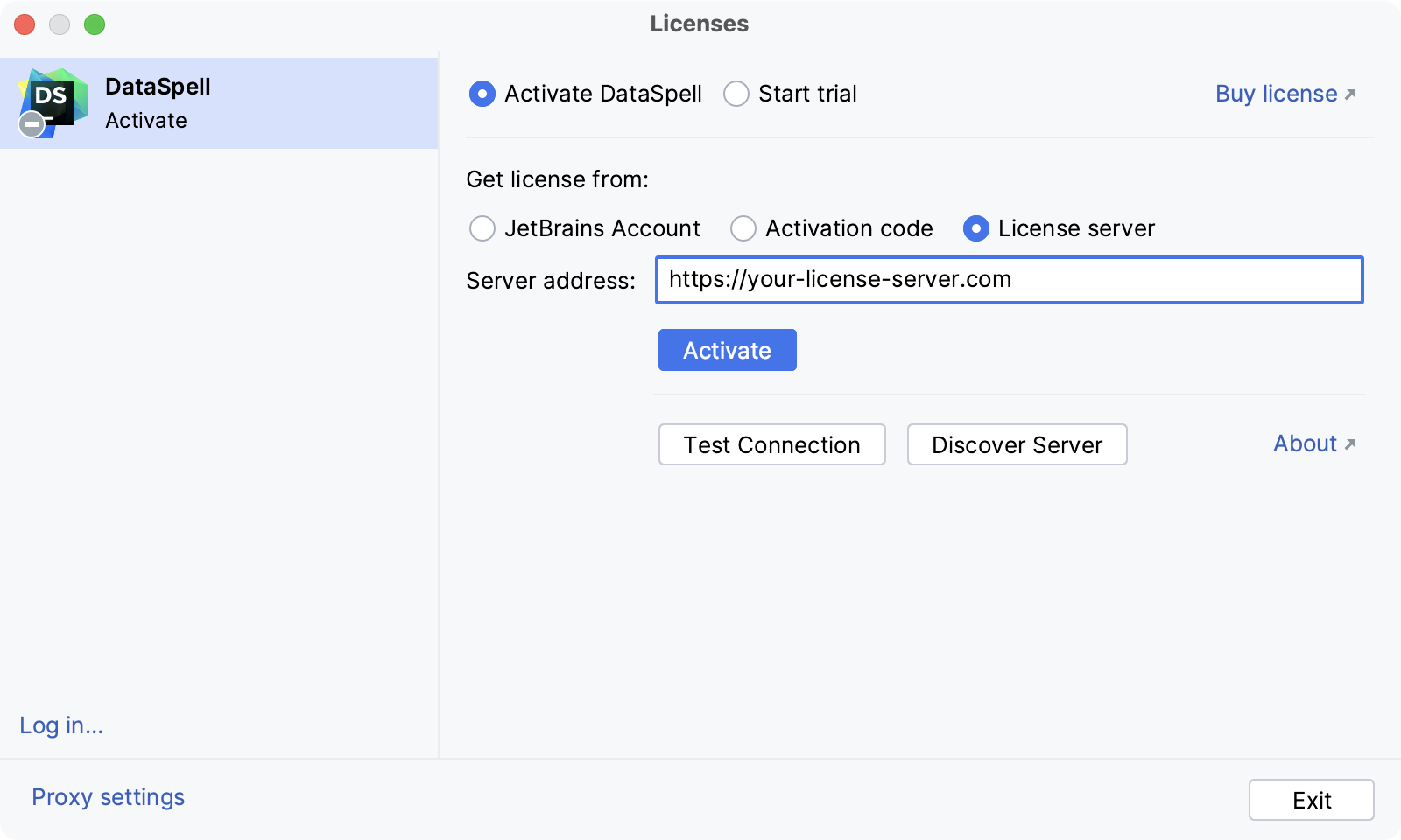 Activate DataSpell license with a license server
