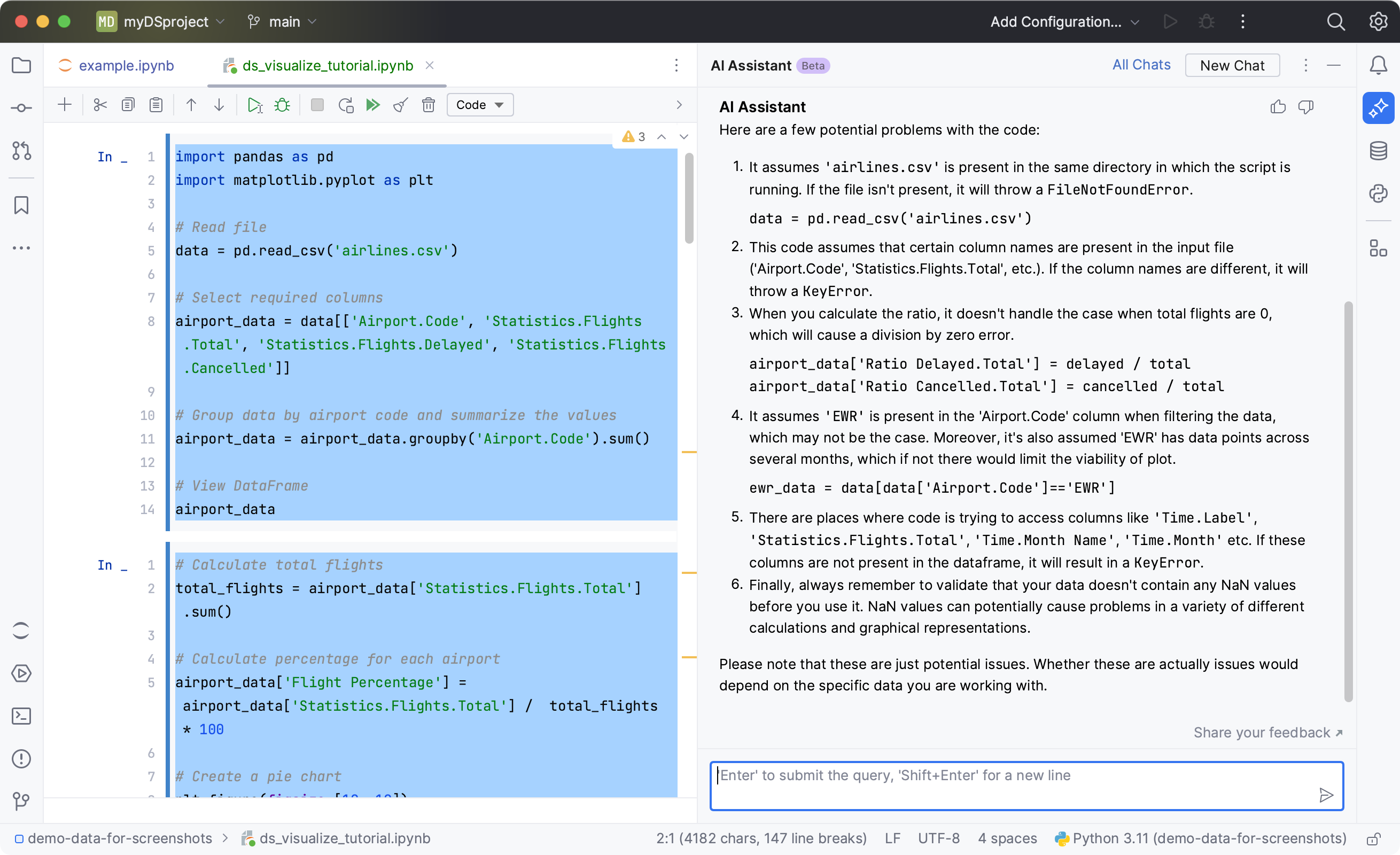 DataSpell: AI Assistant finds potential problems in the selected code