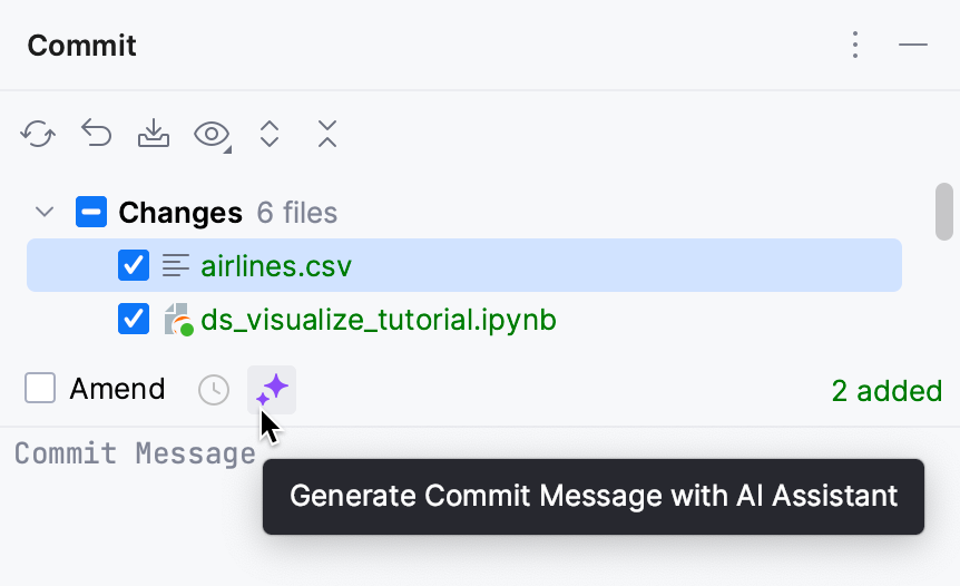DataSpell: AI Assistant generates commit messages
