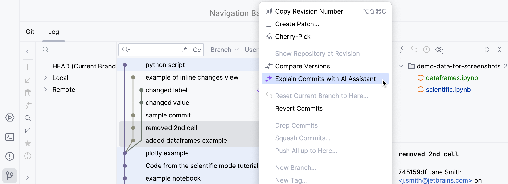 Explain Commit with AI Assistant option in VCS log