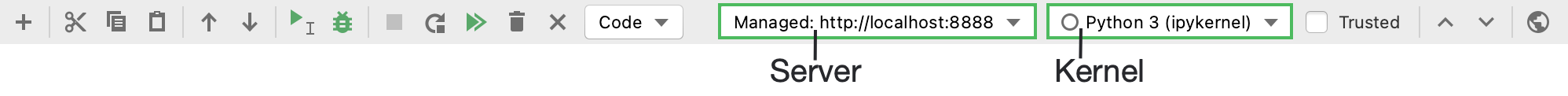 Jupyter notebook toolbar; Managed server is connected
